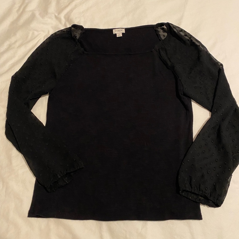J. Crew Classic Black Top with Sheer Polka Dot Sleeves